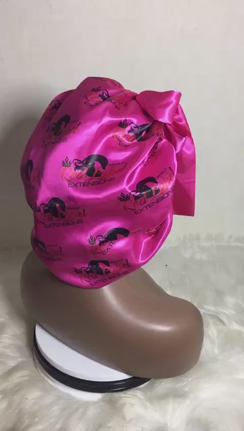 full logo satin round bonnet with satin tie and diamond